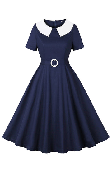 Navy Rund Hals A Line Vintage 1950-talls Kjole